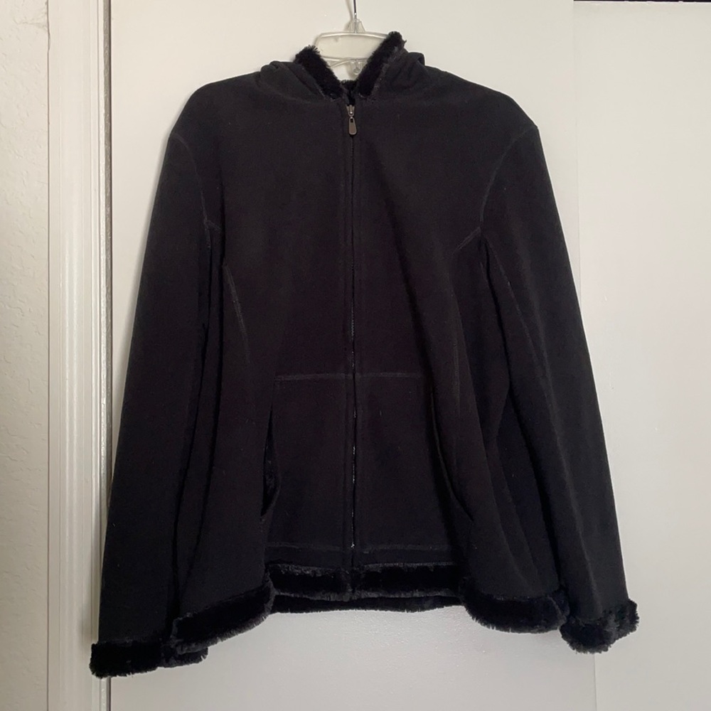 Green Tea Black Faux Fur Lined Zip Up Hooded Jacket
